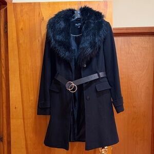 Miss Selfridge Black Trench Coat with Faux Fur Collar